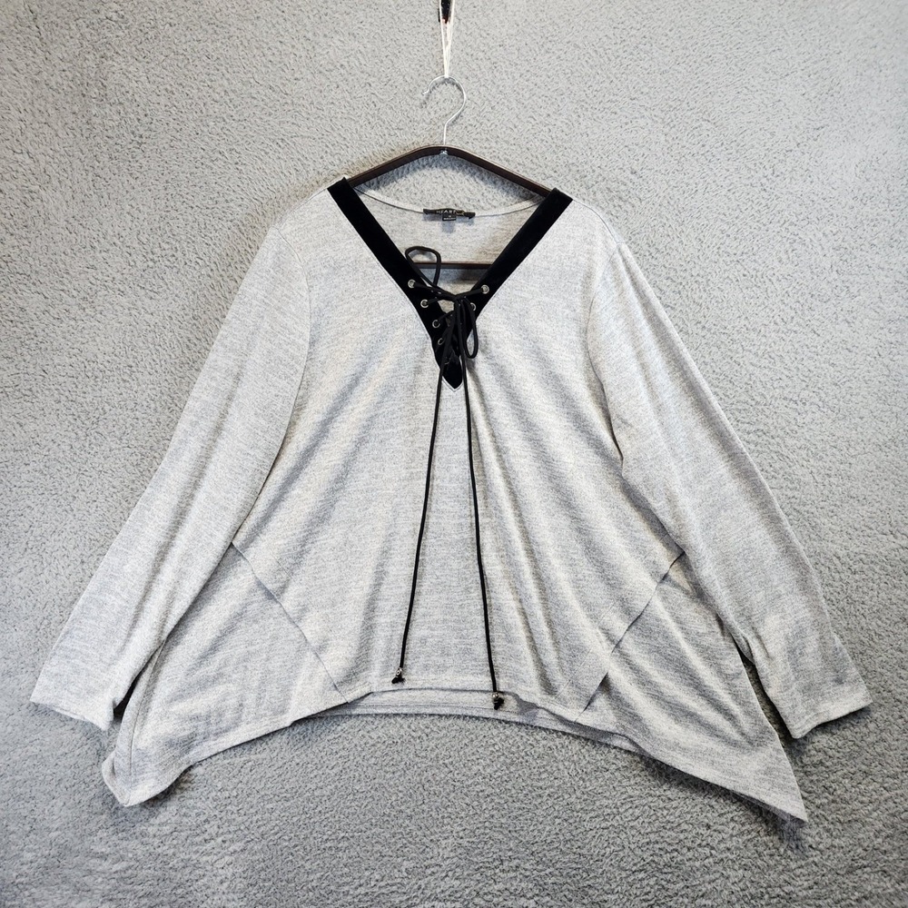 Heart Soul Blouse Womens 1X Gray Lace Up Neck Long‎ Sleeve Shark Bite Hem Cozy